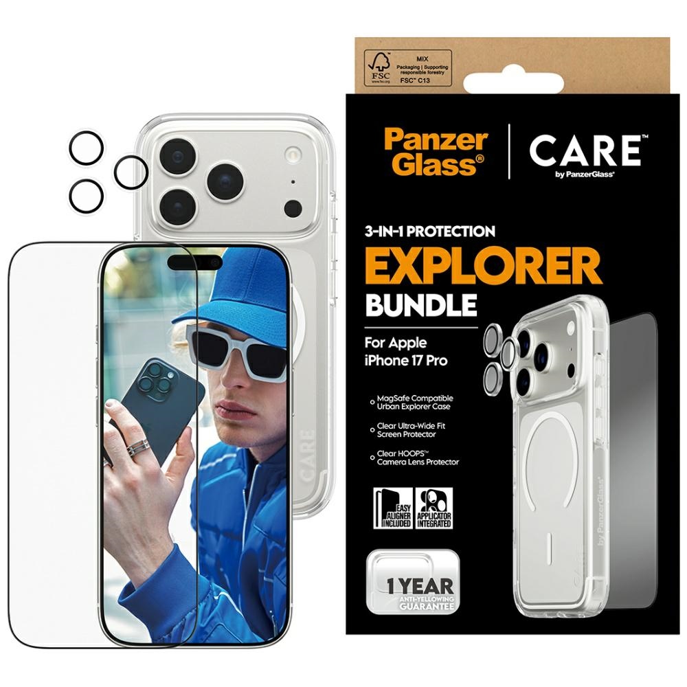 CARE by PanzerGlass flagmanas tyrinėtojas 3in1 dėklas + stiklas + lęšio apsauga iPhone 17 Pro
