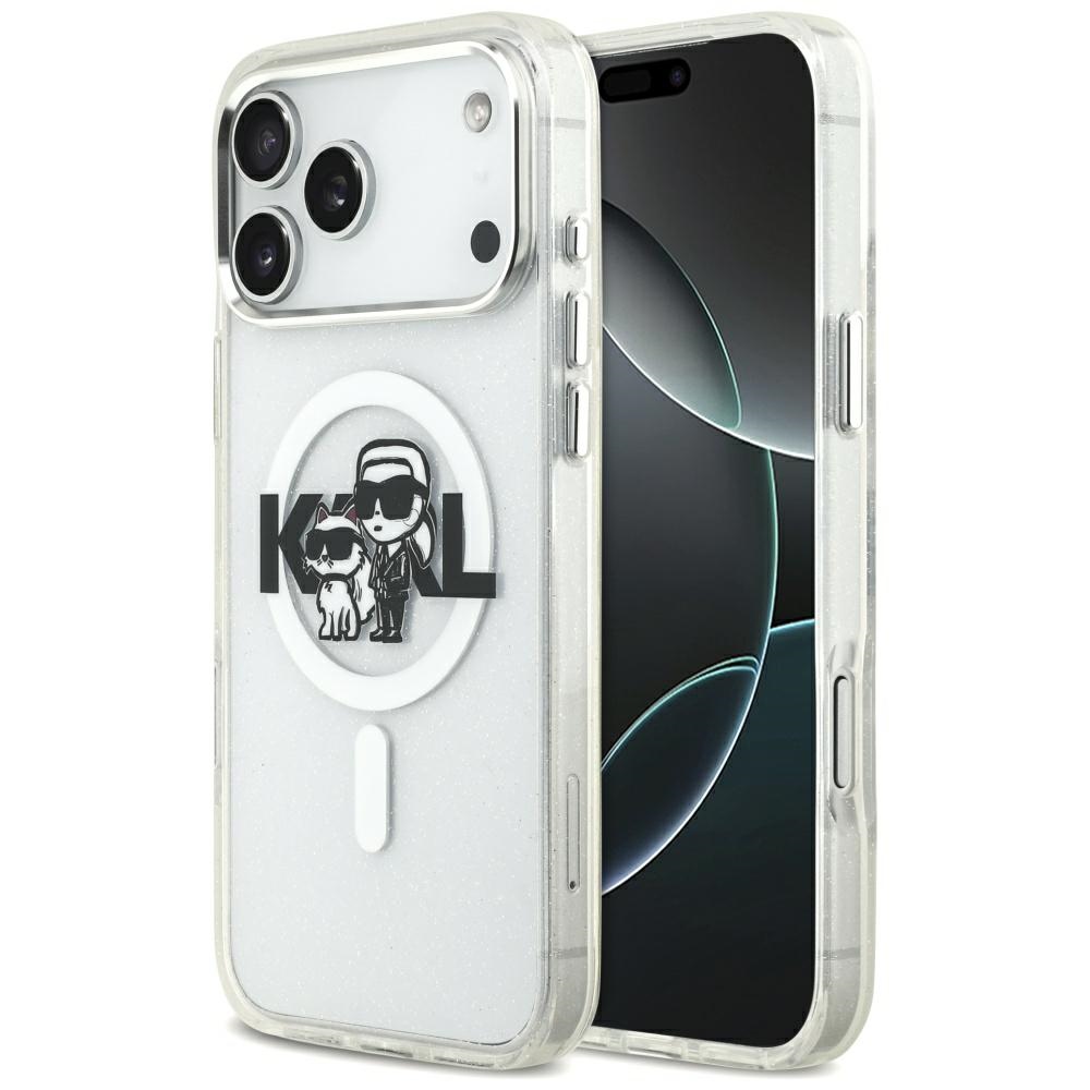 Karl Lagerfeld IML blizgantis Karl & Choupette eskizo logotipo magnetinis dėklas telefonui iPhone 17 Pro Max - skaidrus
