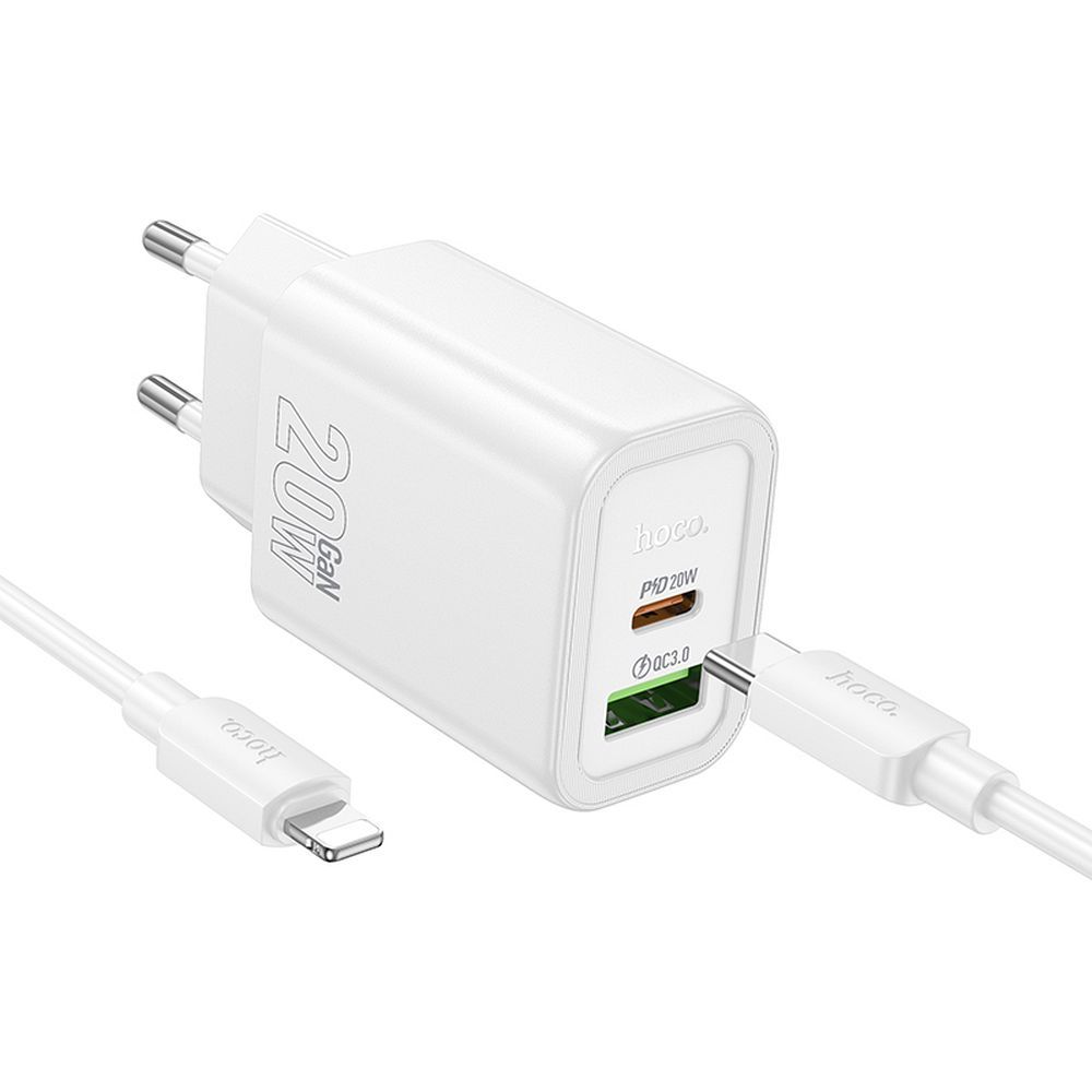Įkroviklis Hoco USB-A + USB-C QC3.0 PD 3A 20W + kabelis USB-C į Lightning N61 baltas