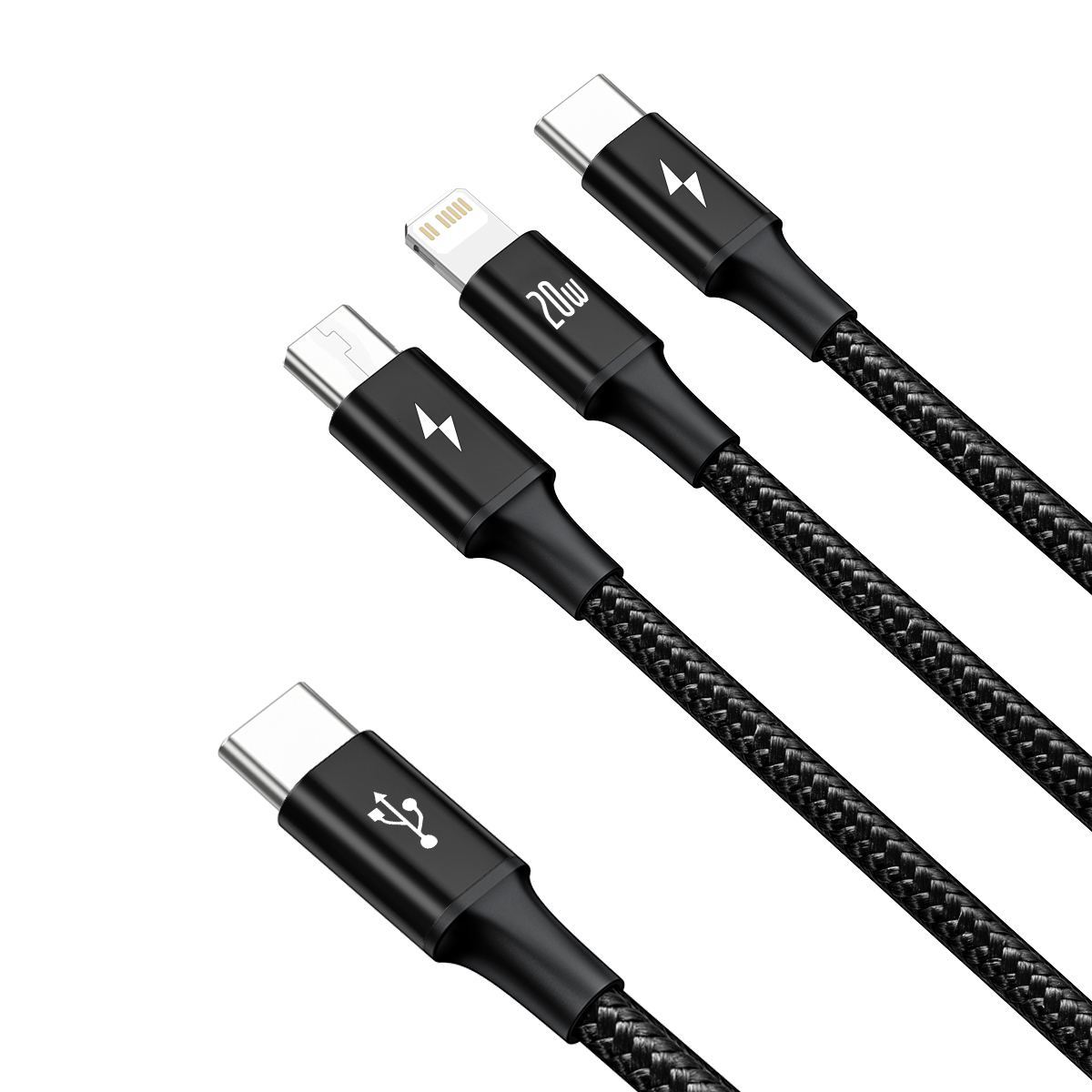 Baseus kabelis 3in1 Rapid PD USB-C - micro USB + Lightning + USB-C 1,5m juodas 20W