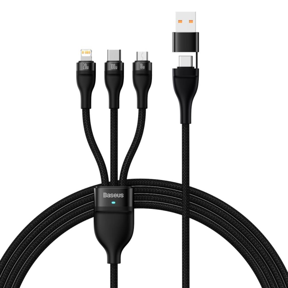 Baseus kabelis 3in1 Flash II USB + USB-C - Lightning + USB-C + microUSB 1,5 m 3,5A juodas 100W