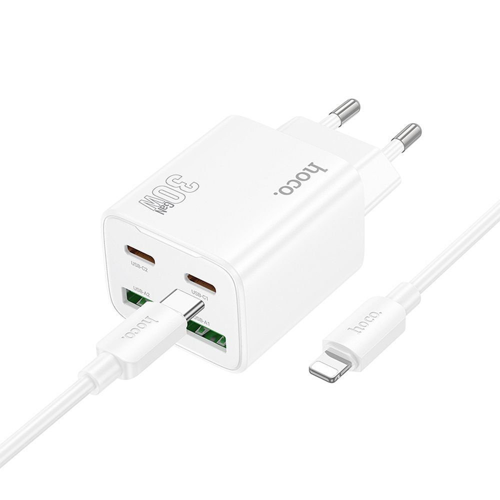 Įkroviklis telefonui Hoco 2 x USB C + 2 x USB A QC3.0 PD 3A 30W + kabelis USB C į Lightning N56 baltas