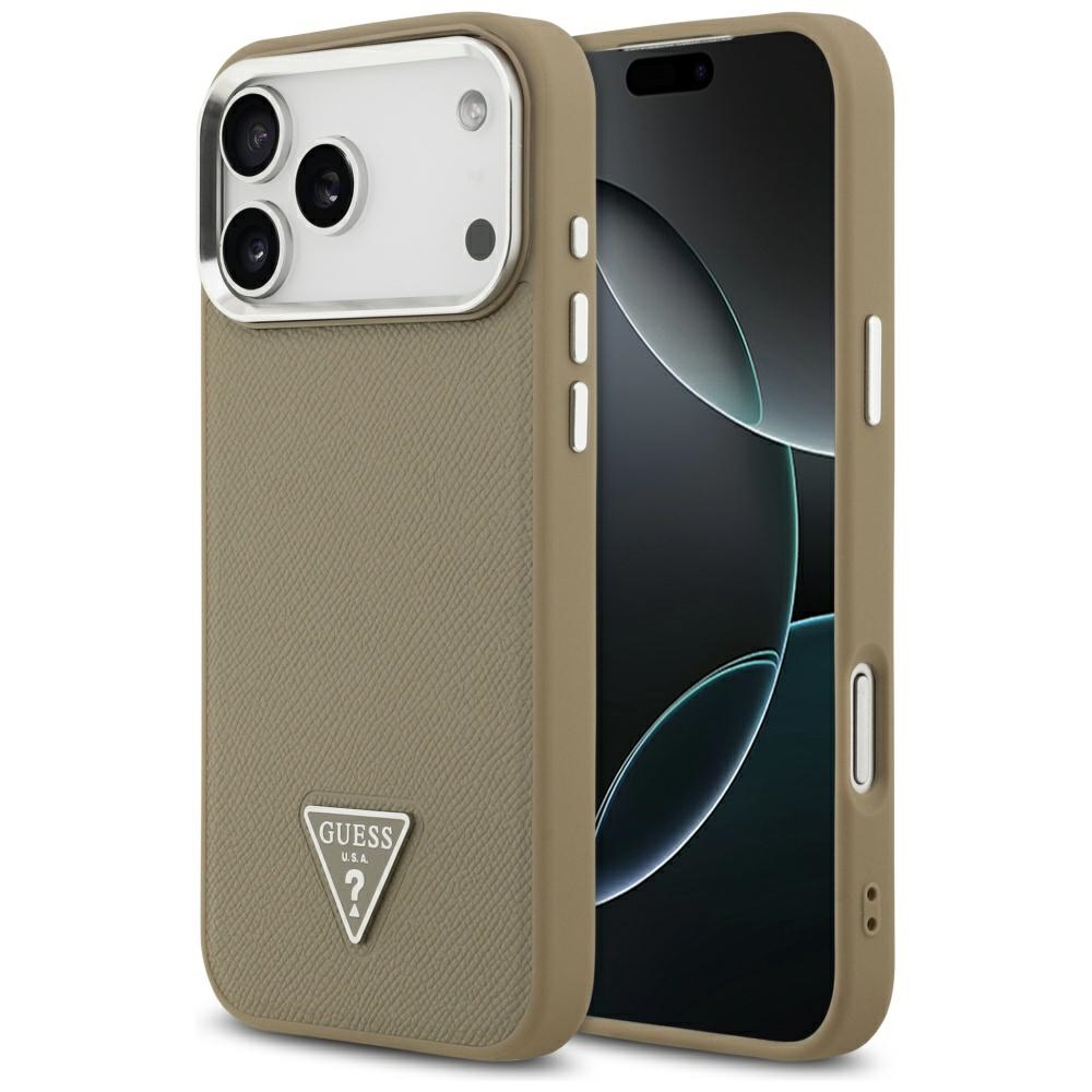 Guess Grained Triangle Logo Magnetinis dėklas telefonui iPhone 17 Pro Max rudas