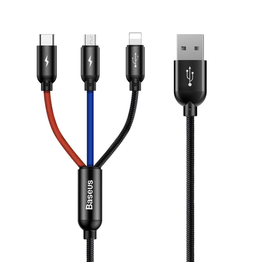 Kabelis Baseus Three Primary Colors 3in1 USB-A - micro USB / Lightning / USB-C 3.5A 1.2 m juodas