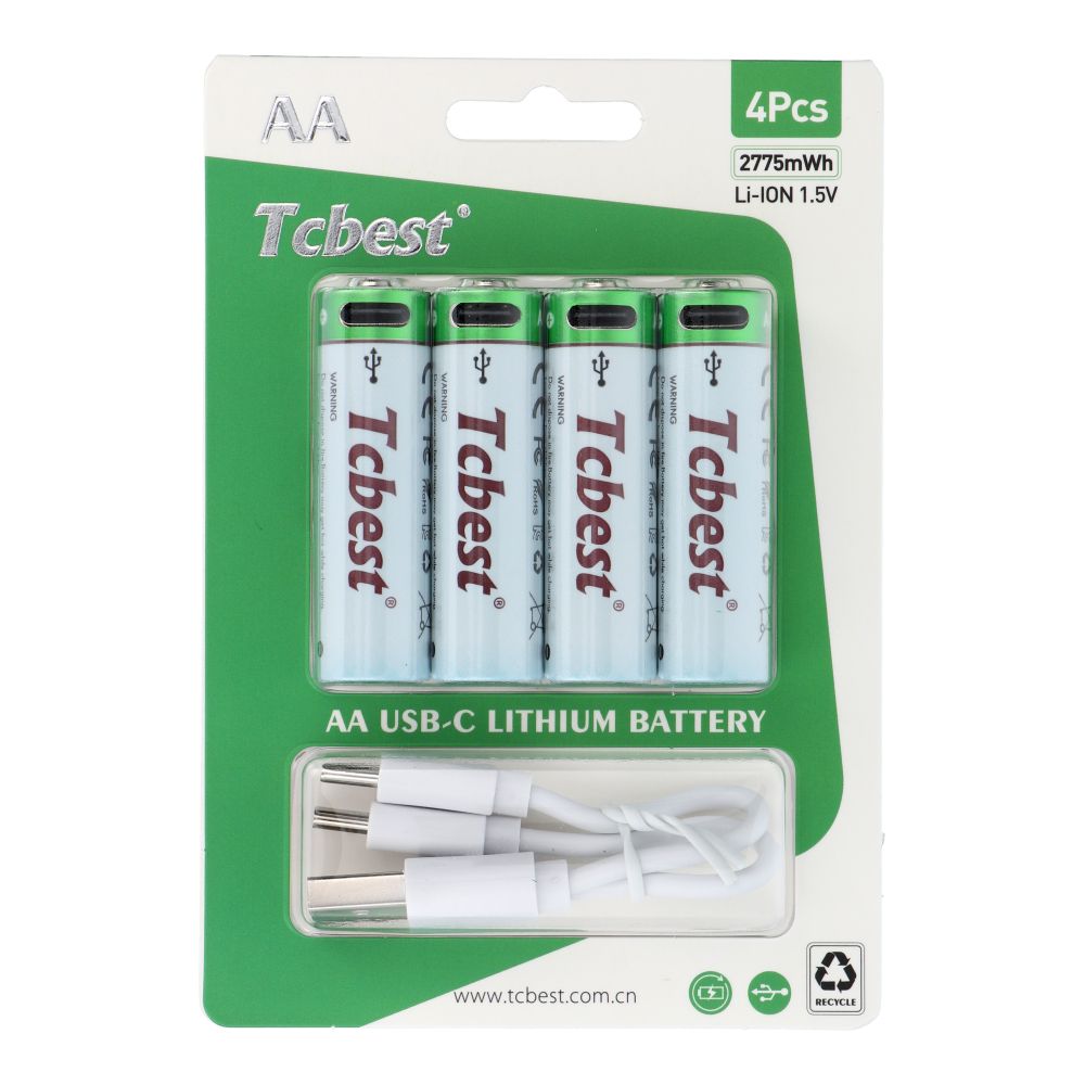TCBEST įkraunama baterija R6 (AA) 1850 mAh su Type C lizdu + USB A kabelis iki 4 x Type C 4 vnt