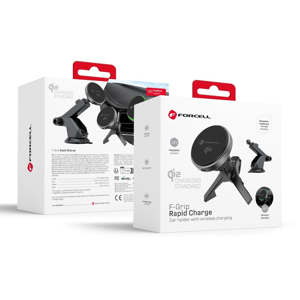 FORCELL F-GRIP greito įkrovimo magnetinis automobilio laikiklis priekinio stiklo / oro ventiliacijai su belaidžiu įkrovimu MagSafe Qi2 15W pilkas