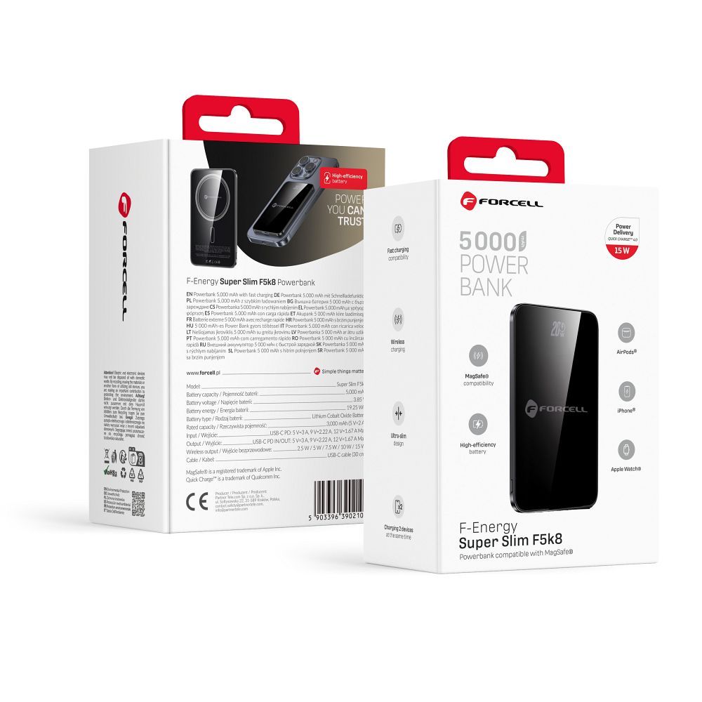 Išorinė baterija su MagSafe Forcell F-Energy SuperSlim F5K8 QC4.0 PD3.0 15W 5000 mAh juoda