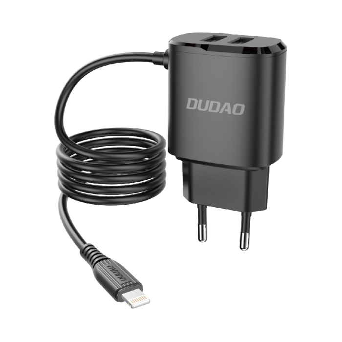 Dudao įkroviklis 2x USB su įmontuotu 12W Lightning kabeliu juodas (A2ProL juodas)