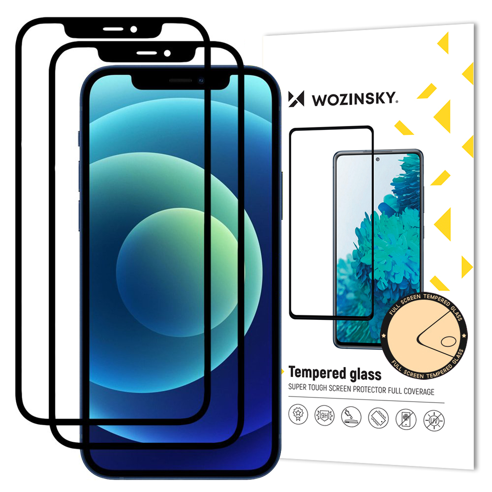 Wozinsky 2x Apsauginis stiklas Full Glue Super Tough, pilnai dengia su rėmeliu draugiška iPhone 12 Pro / iPhone 12, juoda