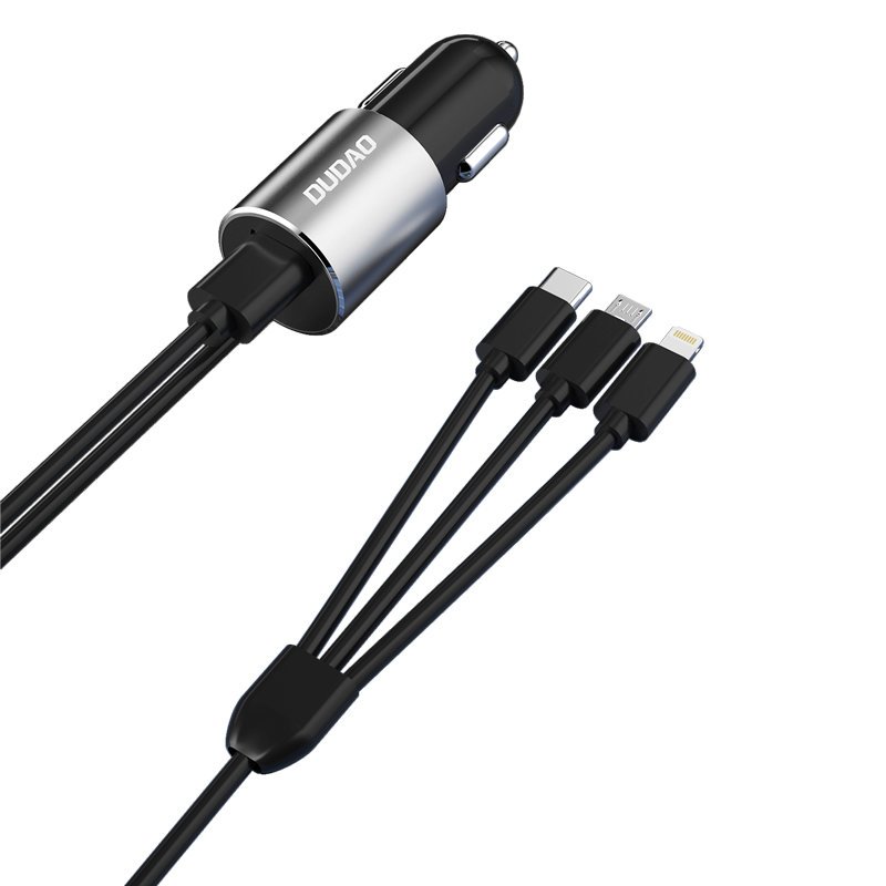 Dudao 3in1 USB automobilių įkroviklis 3,4 A su įmontuotu kabeliu Lightning / USB Type C / micro USB - juodas (m)