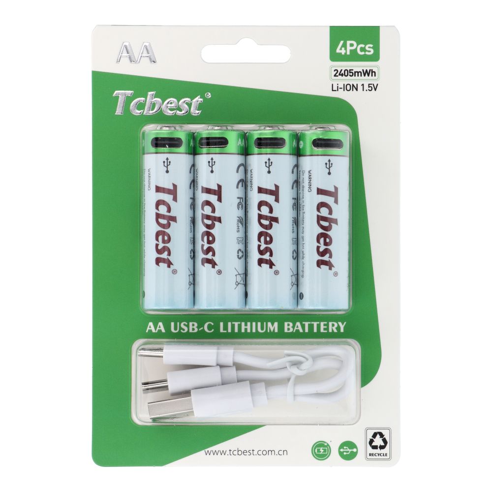 TCBEST įkraunama baterija R6 (AA) 1600 mAh su lizdu Type C + kabelis USB A į 4 x Type C 4 vnt.