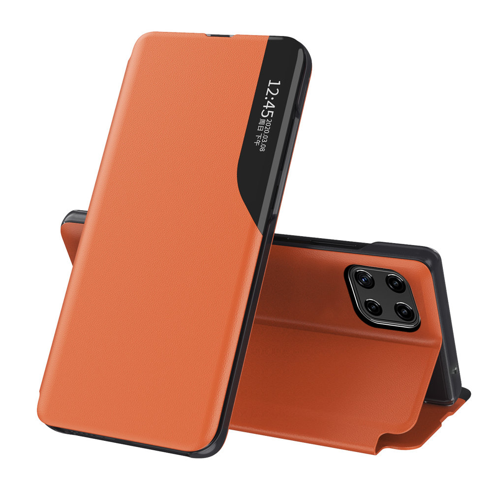 Eco Leather View Case elegantiškas knygos tipo dėklas su stovu Samsung Galaxy A22 4G oranžinis