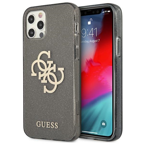 Guess GUHCP12LPCUGL4GBK iPhone 12 Pro Max 6.7" juodas/juodas kietas dėklas Blizgesys 4G Didelis Logotipas