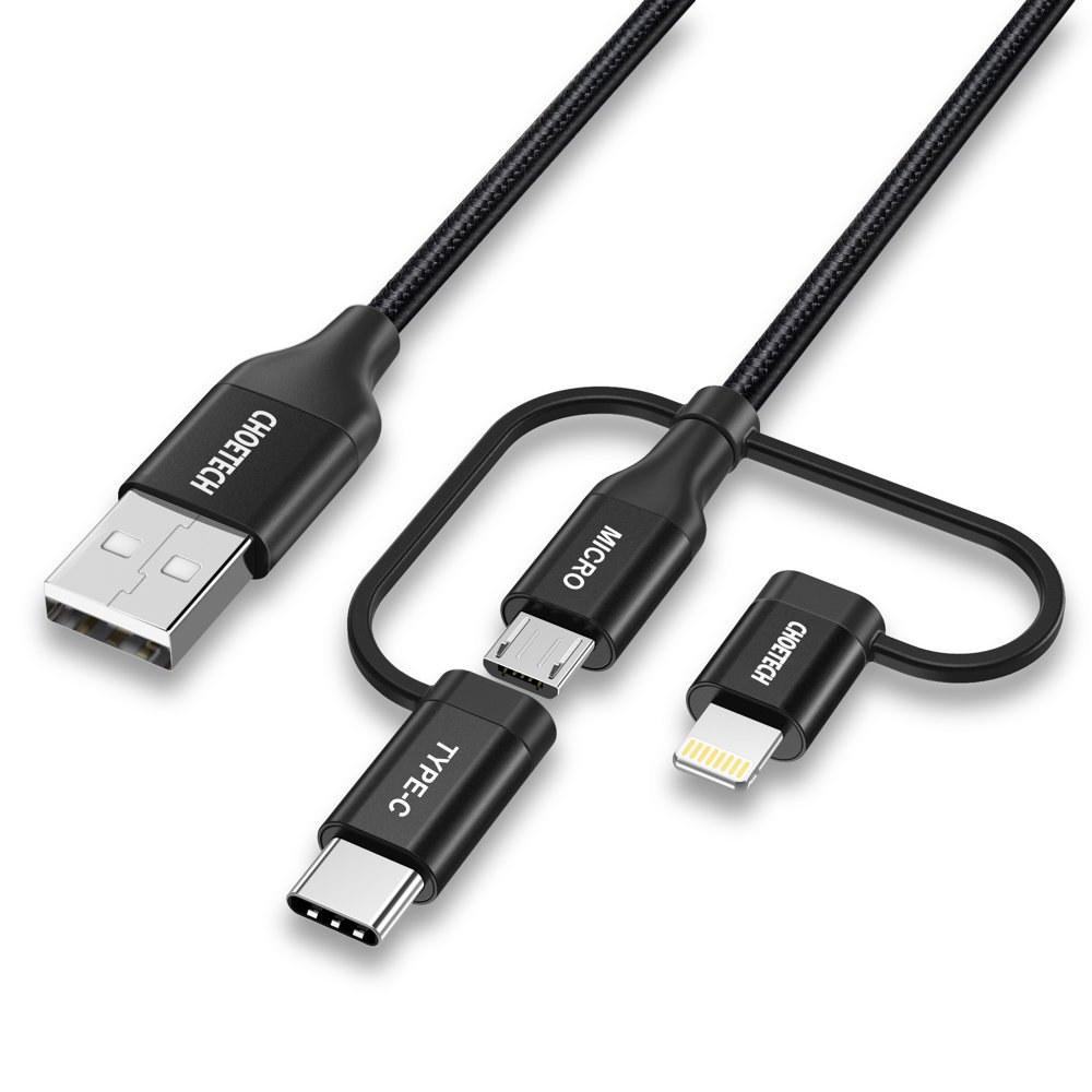 Choetech 3in1 MFI kabelis USB - USB Type C / micro USB / Lightning (įkrovimas 3A / duomenų perdavimas 480 Mbps) 1.2 m, juodas (IP0030-BK)