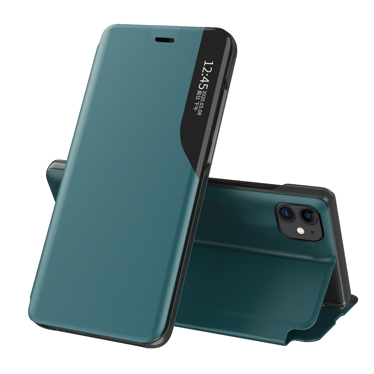 Eco Leather View Case eleganti knygos tipo dėklas su stovu iPhone 13 Pro Max žalias