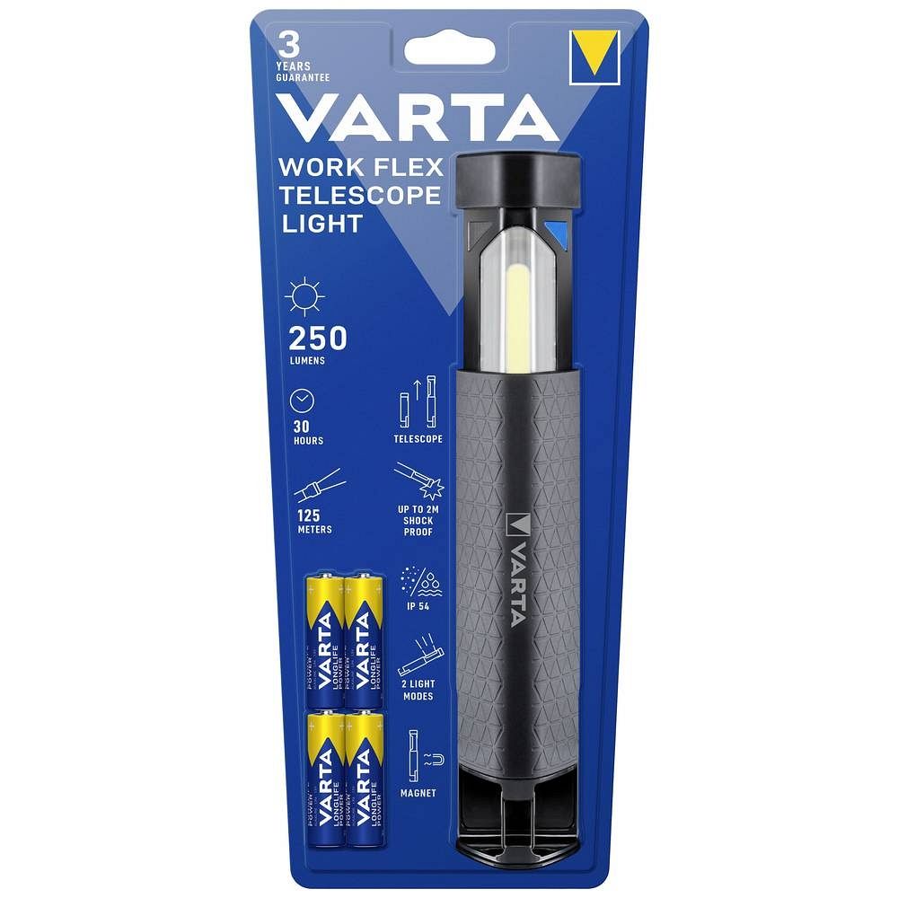 VARTA LED darbinis teleskopinis žibintas 250lm 18646 + 4 vnt. baterijų R6 (AA) 2100mAh