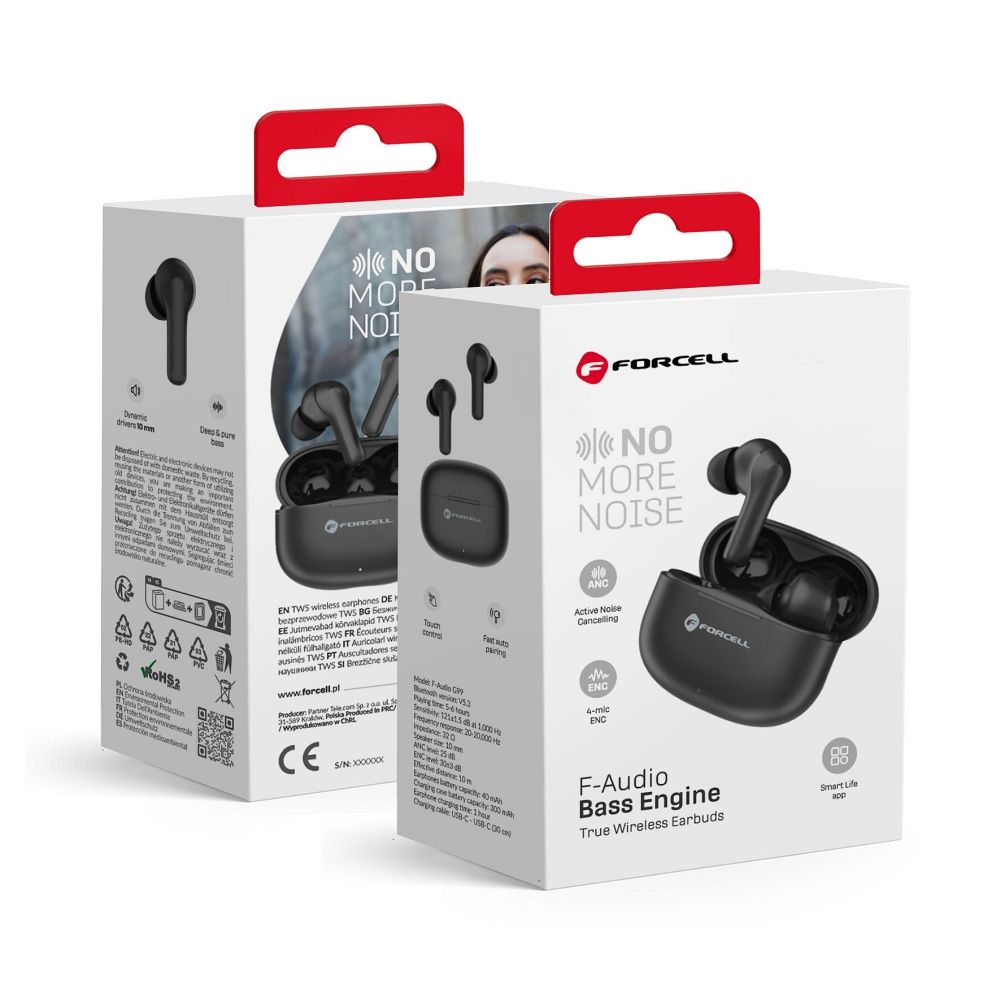 FORCELL F-AUDIO TWS Bass Engine belaidės ausinės bluetooth TWS ANC + ENC + TUYA APP juodos