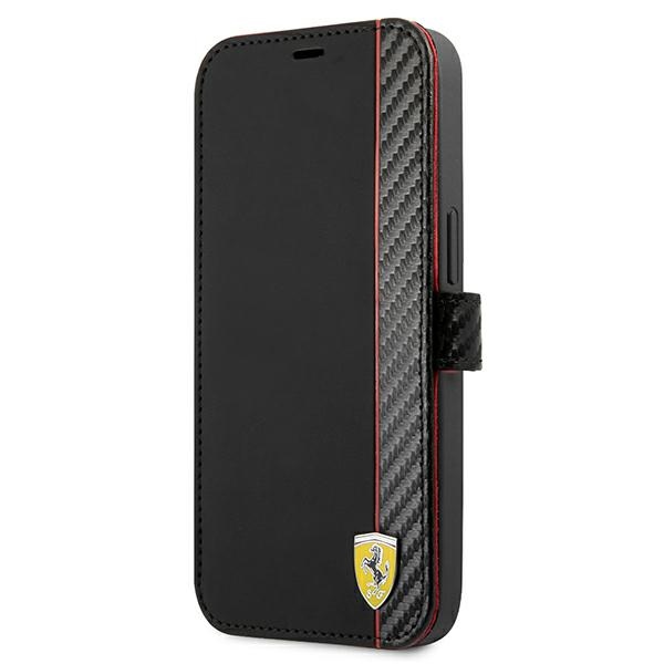 Ferrari FESAXFLBKP13SBK iPhone 13 mini 5.4" juodas/juodas knyginis dėklas On Track Carbon Stripe