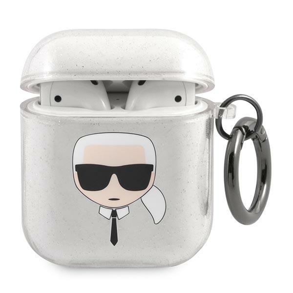 Karl Lagerfeld blizgus Karl's Head dėklas AirPods 1/2 ausinėms - sidabrinis