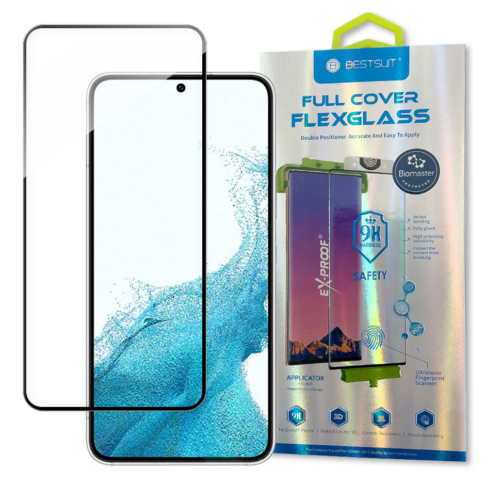 Bestsuit 3D Edge Nano Flexi Glass stiklo plėvelė visas ekranas grūdintas stiklas su rėmeliu Samsung Galaxy S22 skaidrus