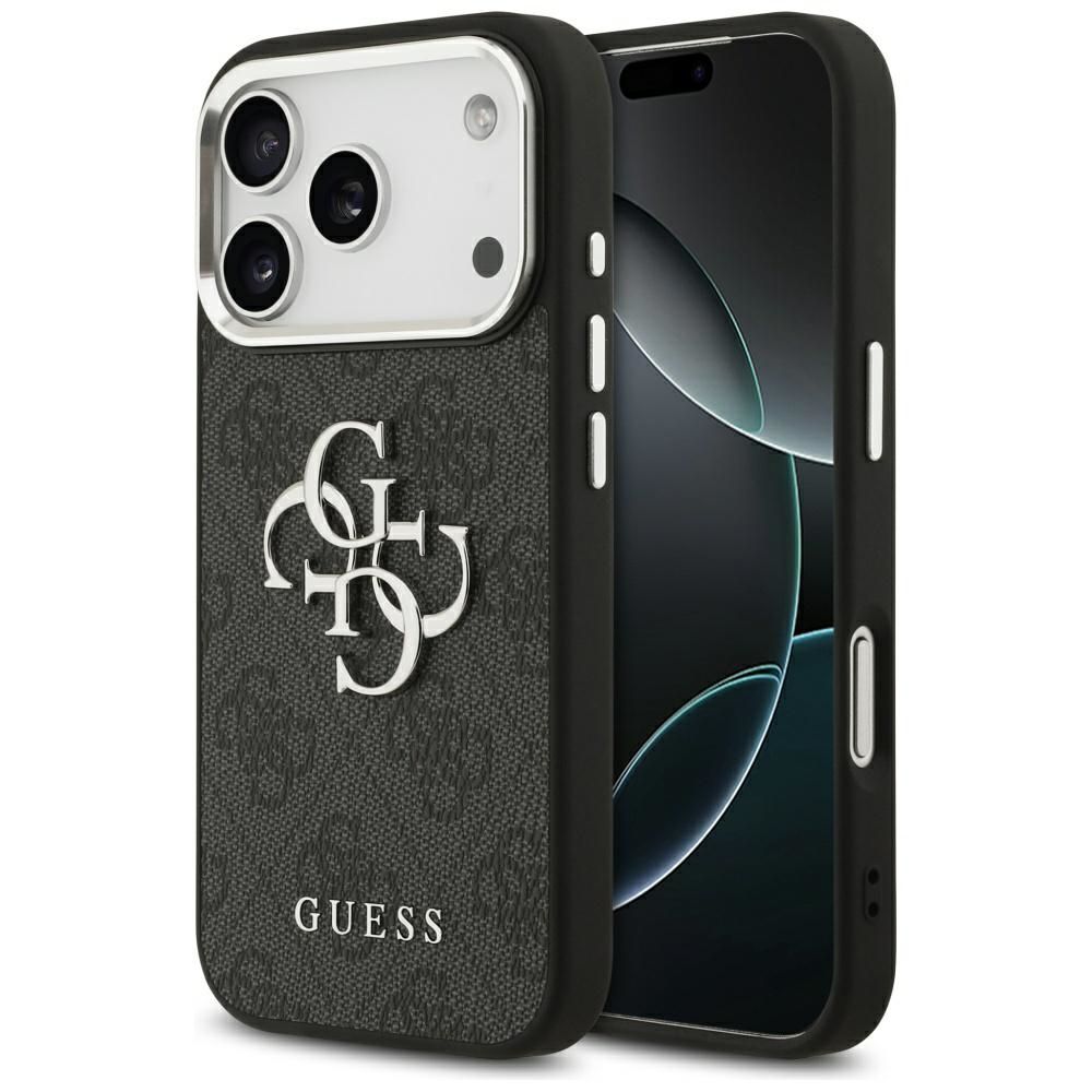 GUESS dėklas telefonui IPHONE 17 Pro GUHCP17LP4G4SMCK (4G PU odos dėklas su dideliu 4G ir klasikiniu logotipu bei sidabriniu metaliniu kameros rėmeliu) juodas