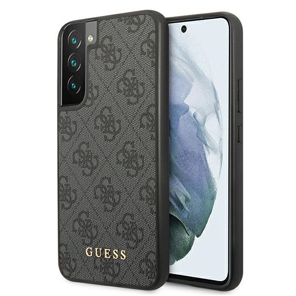 Guess GUHCS22SG4GFGR S22 S901 pilkas kietas dėklas 4G Metal Gold Logo