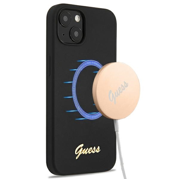Guess GUHMP13MLSLMGBK dėklas telefonui iPhone 13 6.1" juodas kietas silikoninis su auksiniu logotipu MagSafe