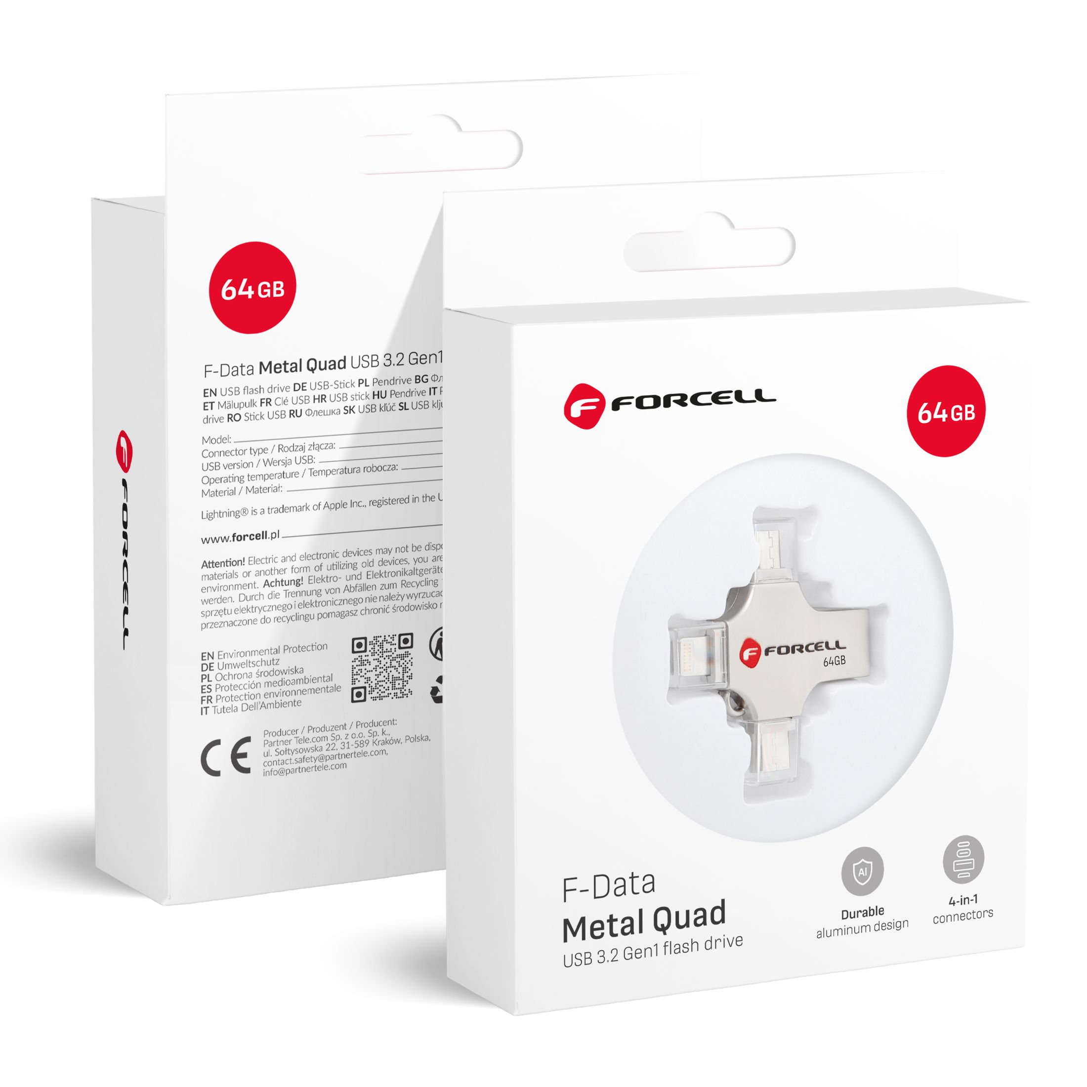 FORCELL F-DATA USB atmintukas Metal Quad 64GB USB3.2 Gen 1 (USB A / Type C / Lightning / Micro USB) sidabrinis