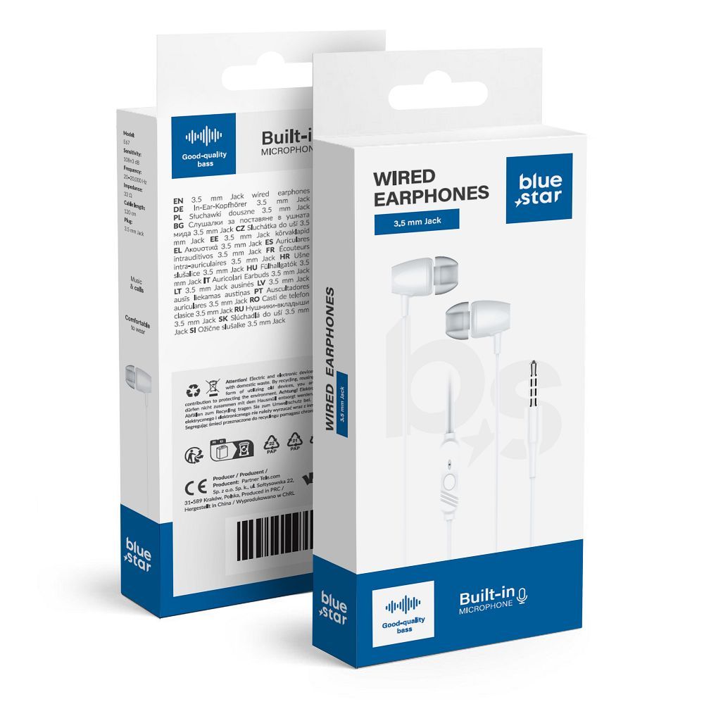 laidinės ausinės su 3,5 mm kištuku Blue Star PA-E67 1,2 m balta