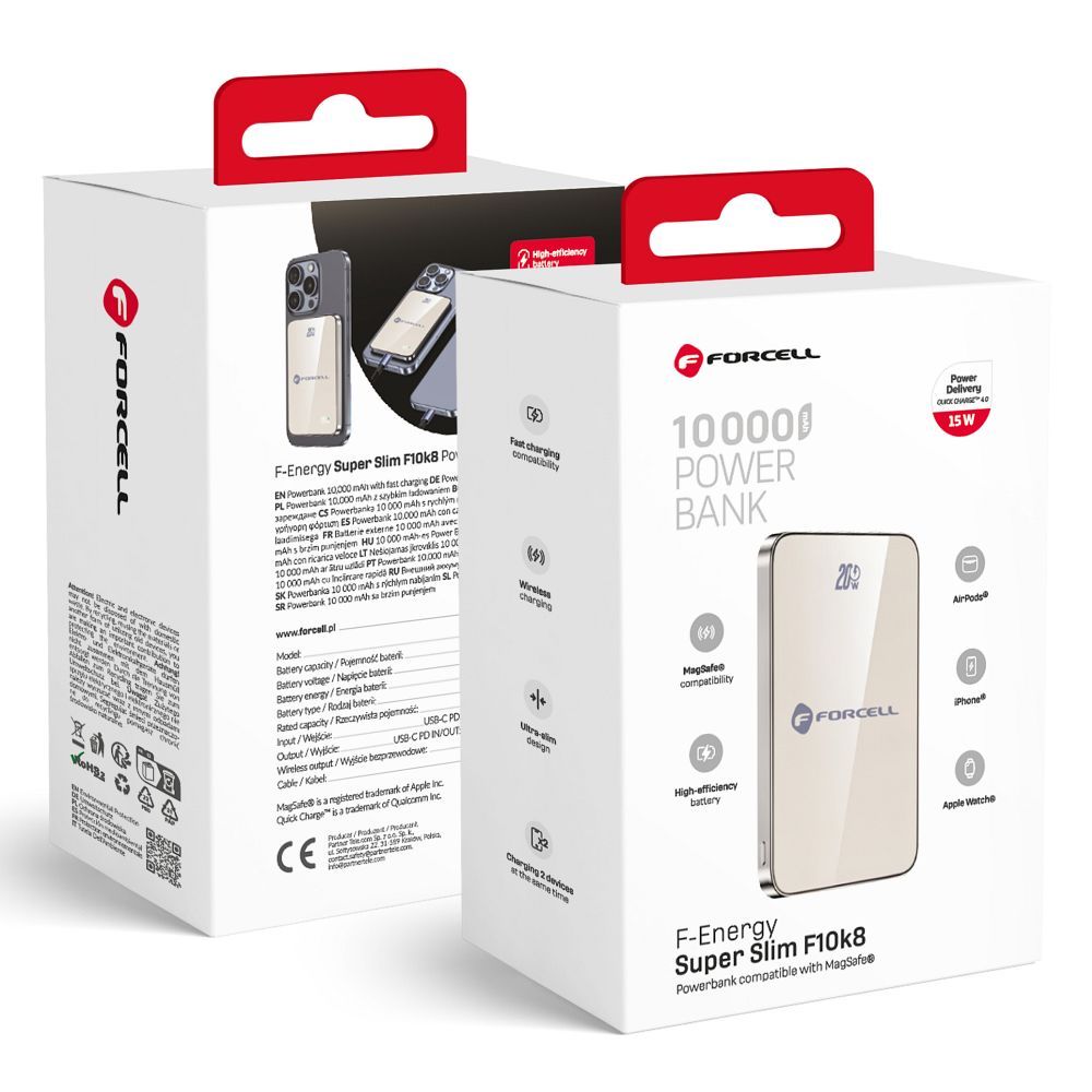 Išorinė baterija saderinta su MagSafe Forcell F-Energy SuperSlim F10K8 QC4.0 PD3.0 15W 10000 mAh titano dykumos spalva