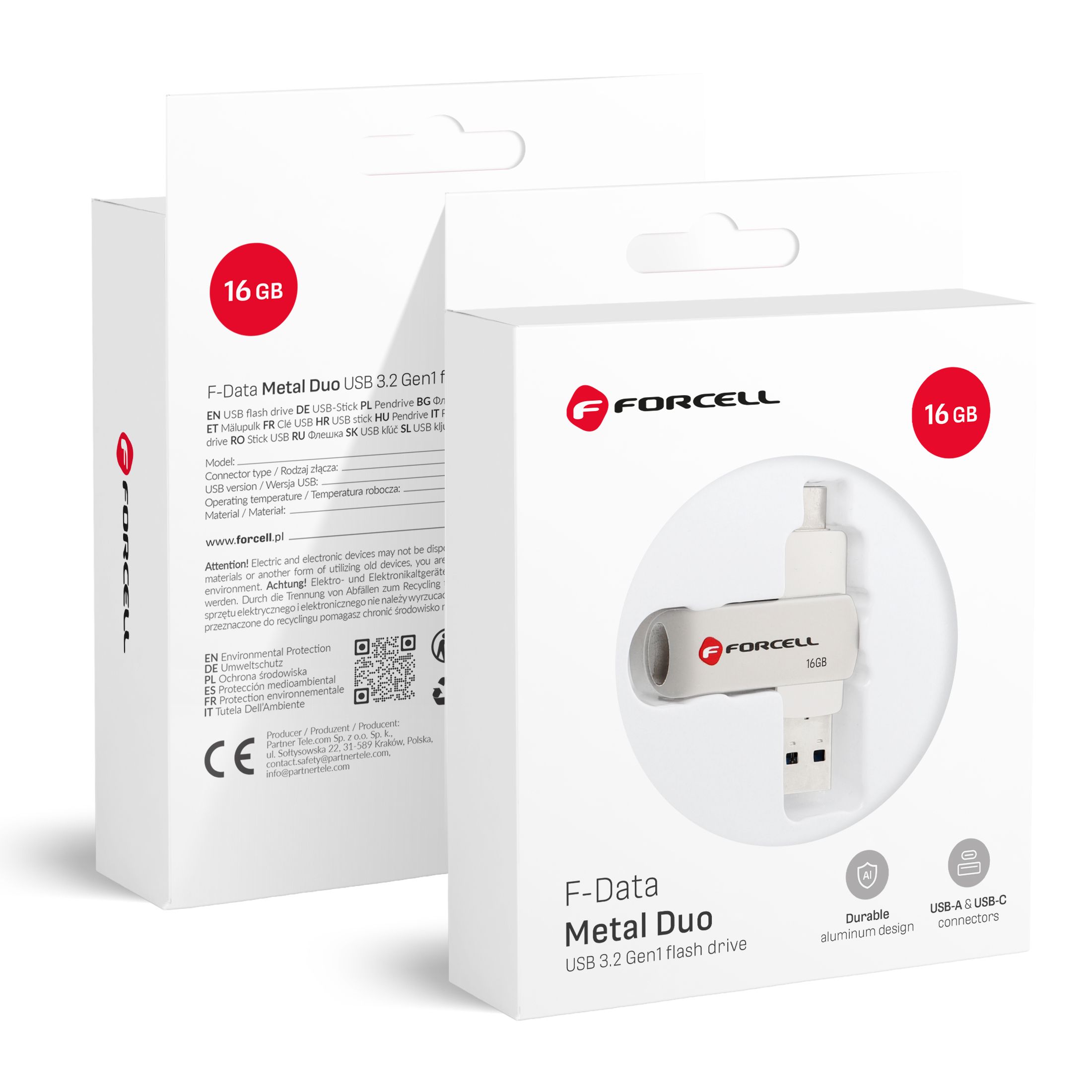 FORCELL F-DATA USB atmintinė Metal Duo 16GB USB3.2 Gen 1 (USB A / Type C) sidabrinė