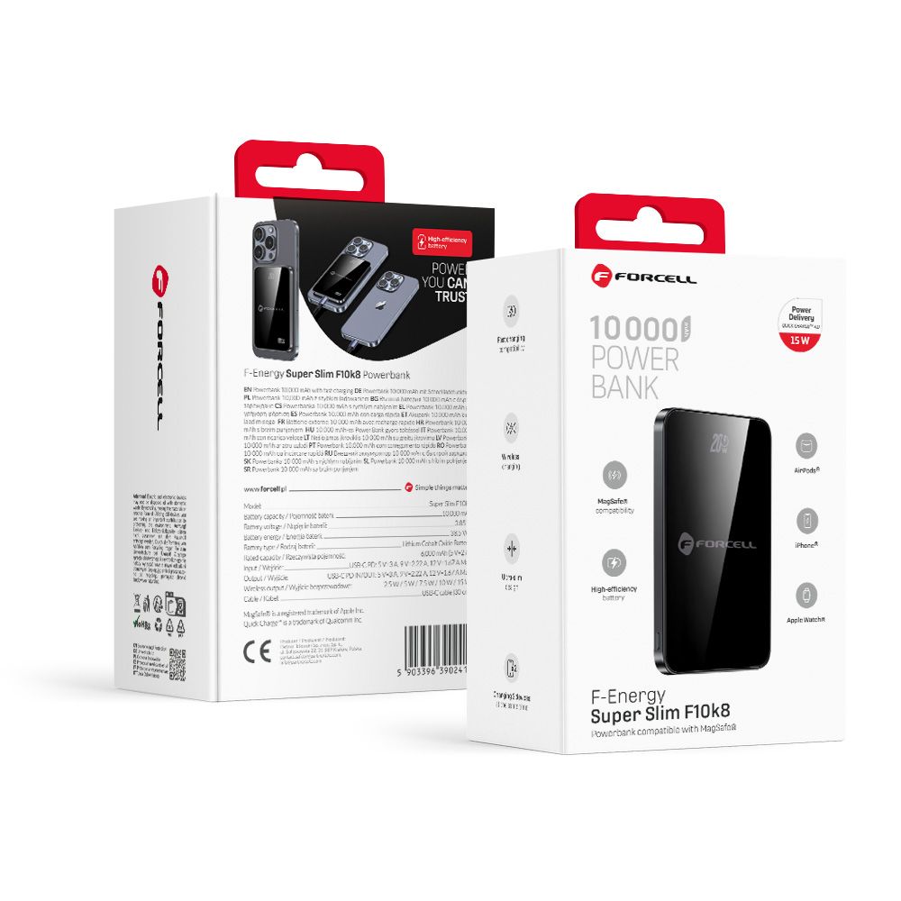 Išorinė baterija su MagSafe Forcell F-Energy SuperSlim F10K8 QC4.0 PD3.0 15W 10000 mAh juoda