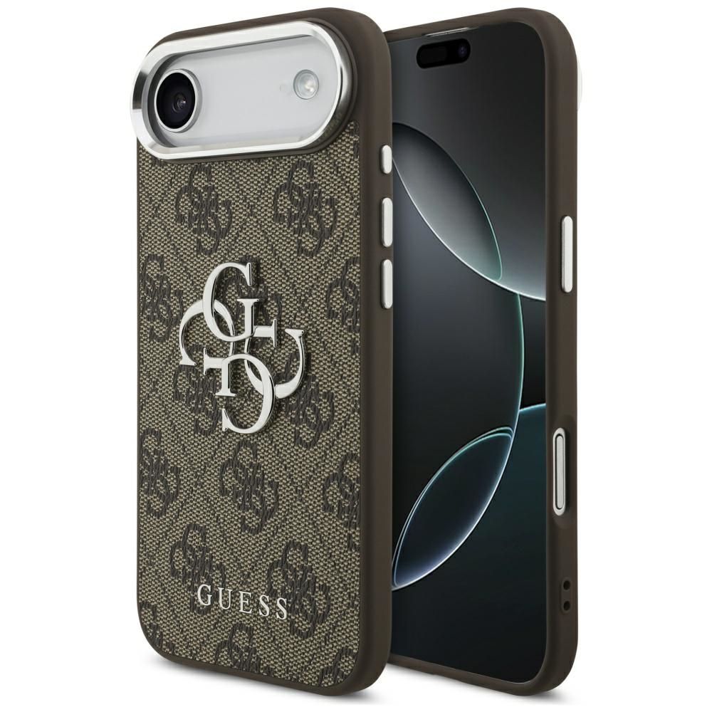 GUESS dėklas telefonui IPHONE 17 Air GUHCP17MP4G4SMCW (4G PU odos dėklas su dideliu 4G ir klasikiniu logotipu bei sidabriniu metaliniu kameros rėmeliu) rudas