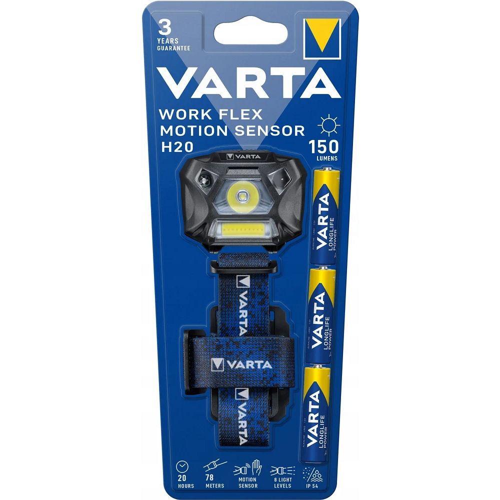 VARTA galvos žibintuvėlis LED Work Flex judesio jutiklis H20 150 lm + 3 vnt. baterijų R3 (AAA)