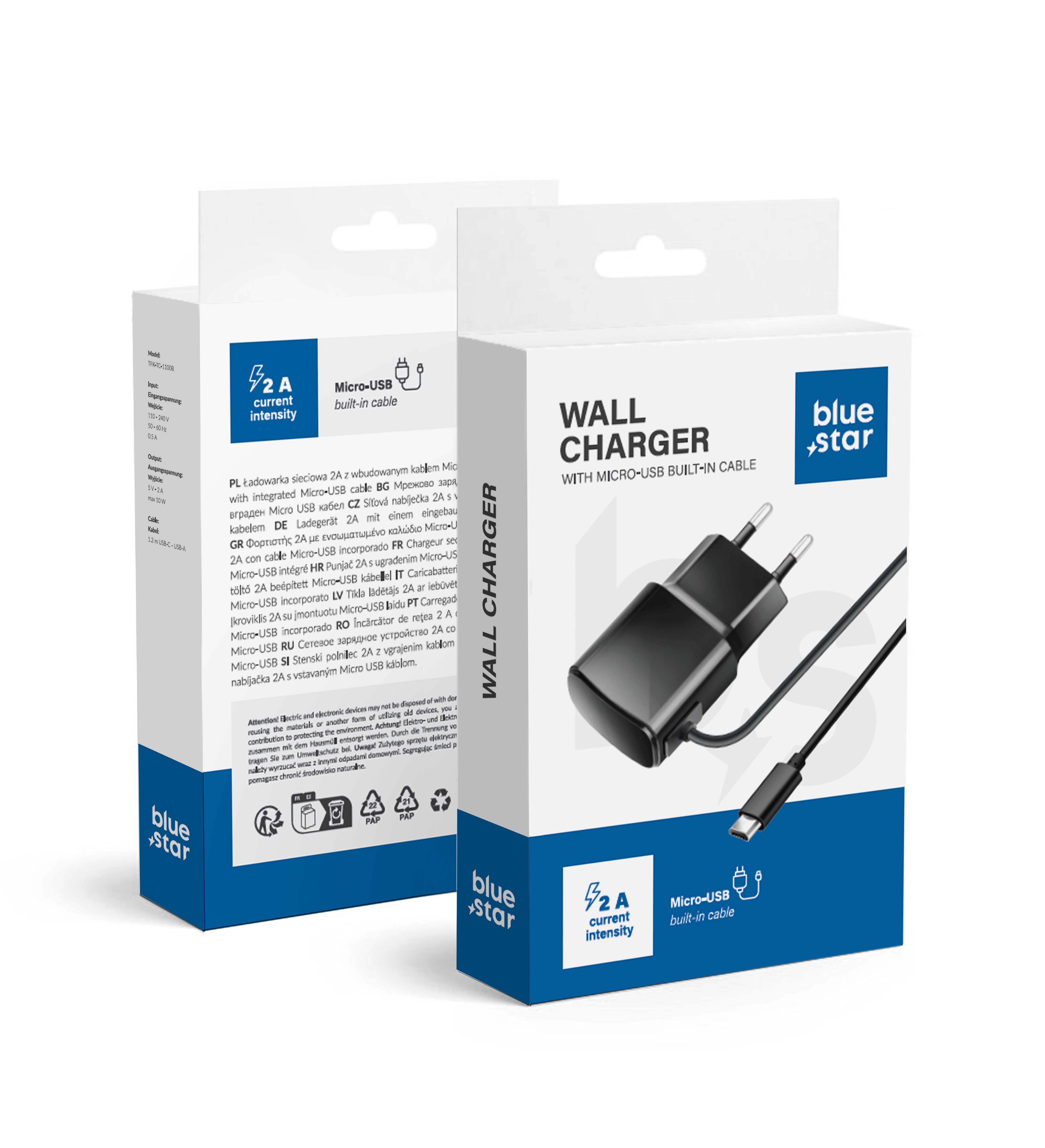 BLUE STAR kelioninis įkroviklis 2A 10W su Micro USB kabeliu TFK-TC-1100B juodas