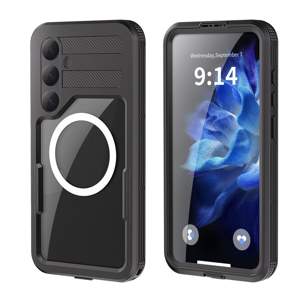 Vandeniui atsparus dėklas SHELLBOX MARS su metaliniu žiedu, skirtas SAMSUNG S25 Plus, juodas