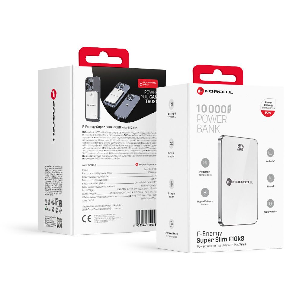 Išorinė baterija Forcell F-Energy F10K8 PD QC4.0 15W 10000 mAh su MagSafe balta