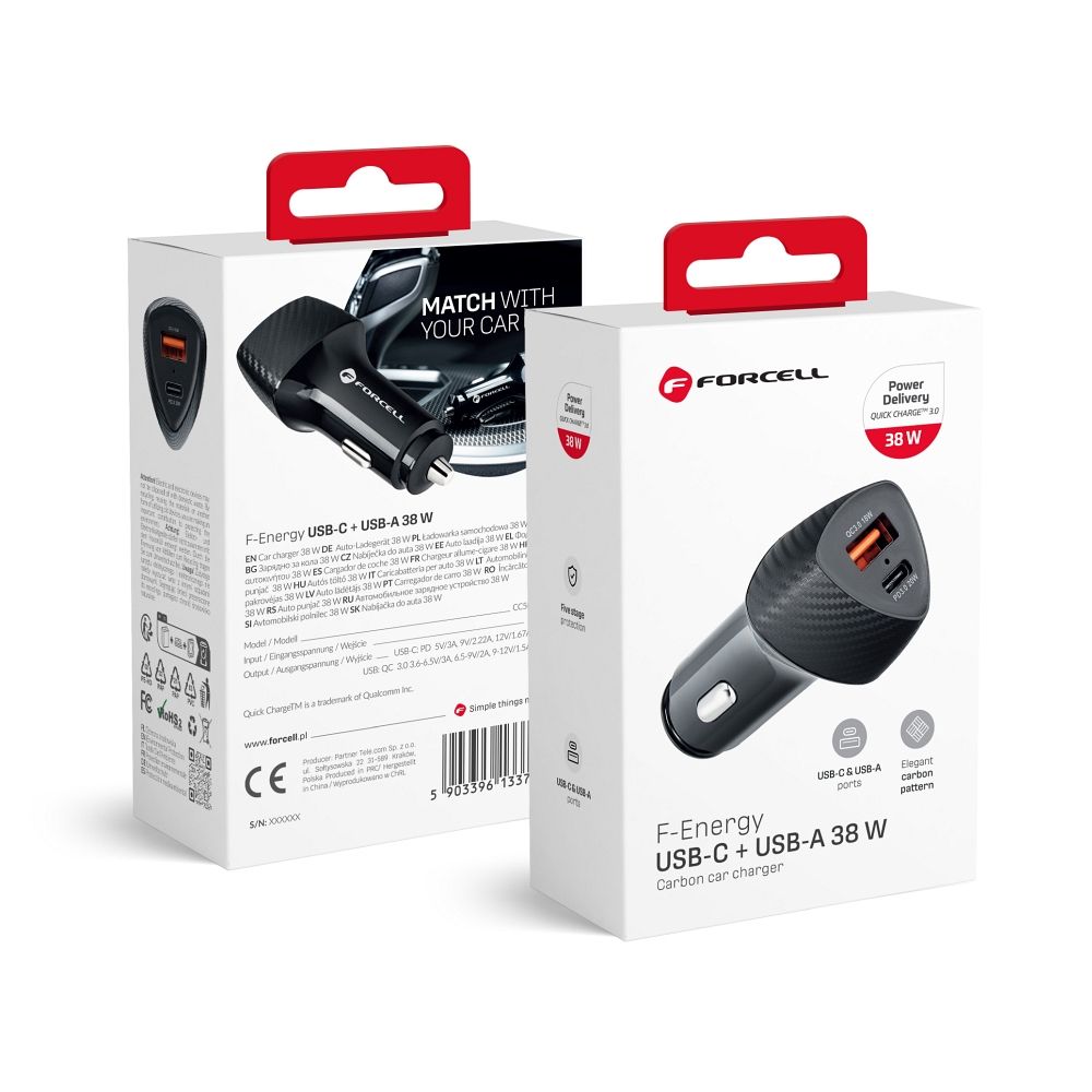 FORCELL F-ENERGY Carbon CC50-1A1C automobilinis įkroviklis Type C + USB A PD QC3.0 3A 38W juodas