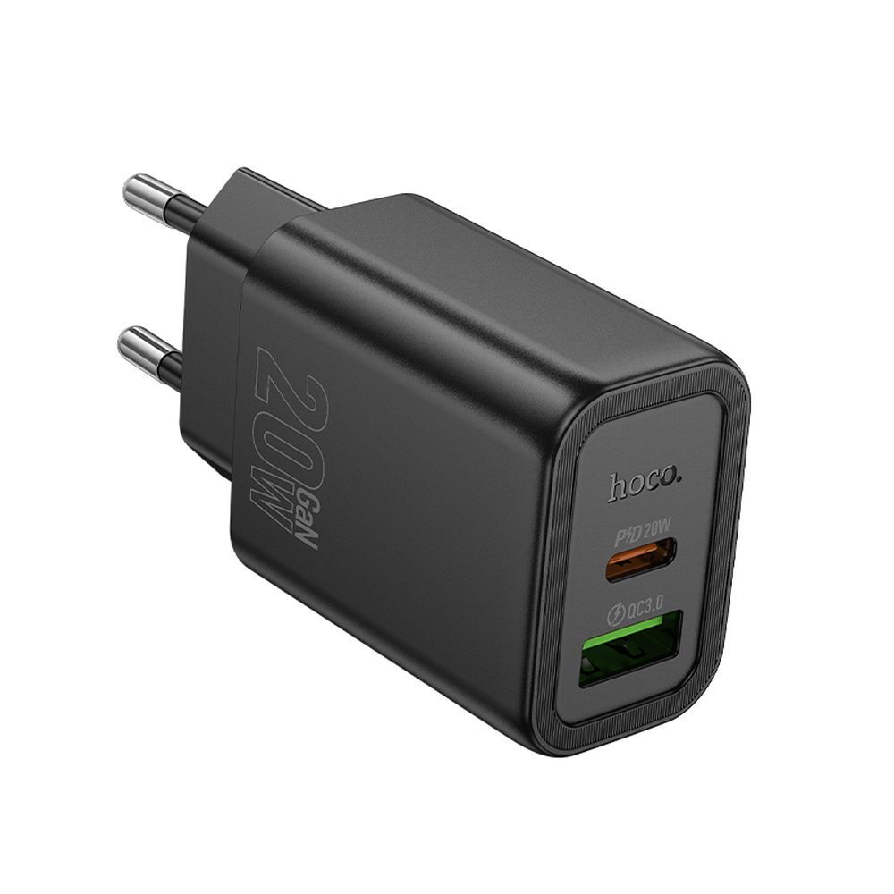 Įkroviklis Hoco USB-A + USB-C QC3.0 PD 3A 20W N61 juodas