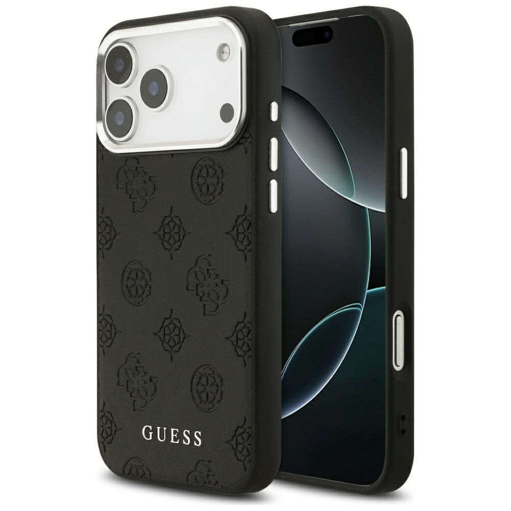 GUESS dėklas telefonui IPHONE 17 Pro Max suderinamas su Magnetine GUHMP17XPSPOSSSK (PU W/ Peony Hot Stamp Script) juoda
