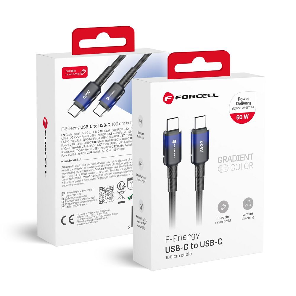FORCELL F-ENERGY C354 kabelis Type C į Type C QC4.0 PD 3A 60W Gradientinis 1 m juodas