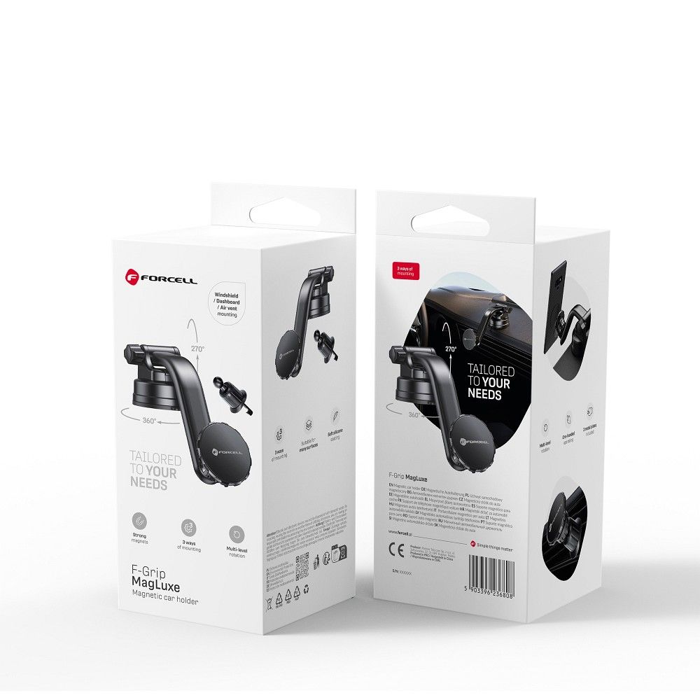 FORCELL F-GRIP MagLuxe magnetinis automobilinis laikiklis priekinio stiklo ir prietaisų skydelio, juodas