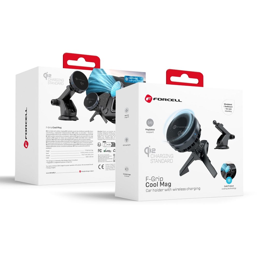 FORCELL F-GRIP Cool Mag magnetinis automobilinis laikiklis priekinio stiklo / oro angos tvirtinimui su Cold Protect aušinimo technologija ir belaidžiu įkrovimu, suderinamas su MagSafe Qi2 15W įkrovikliu, juodas