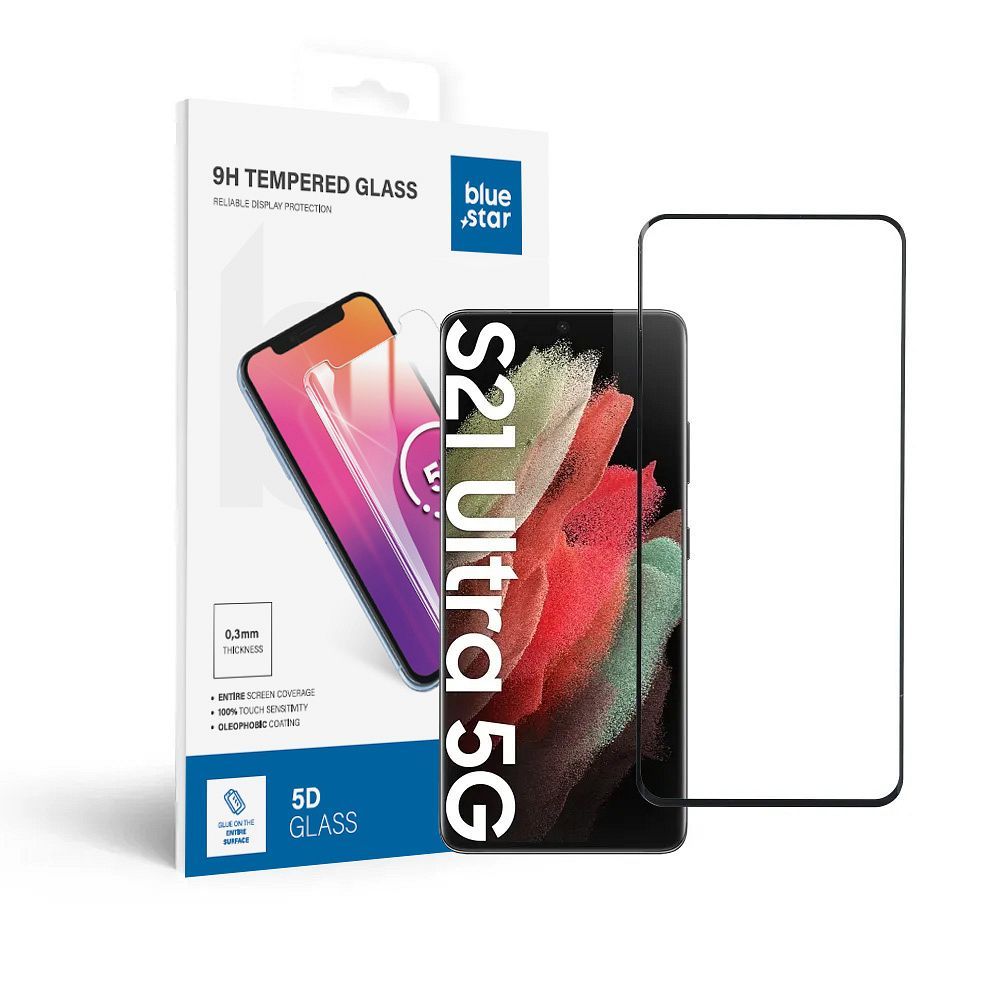 Apsauginis stiklas Blue Star - SAMSUNG Galaxy S21 Ultra pilnas paviršius (pilnas klijavimas/draugiškas dėklui) - juodas Apsauginis stiklas Blue Star