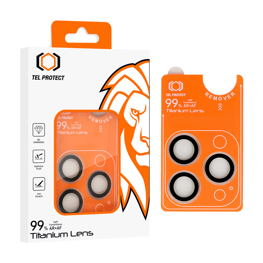 Apsauginis stiklas Tel Protect Titanium Lens 99% AR ant kameros Iphone 14 Pro/14 Pro Max skaidrus (3 lęšiai)