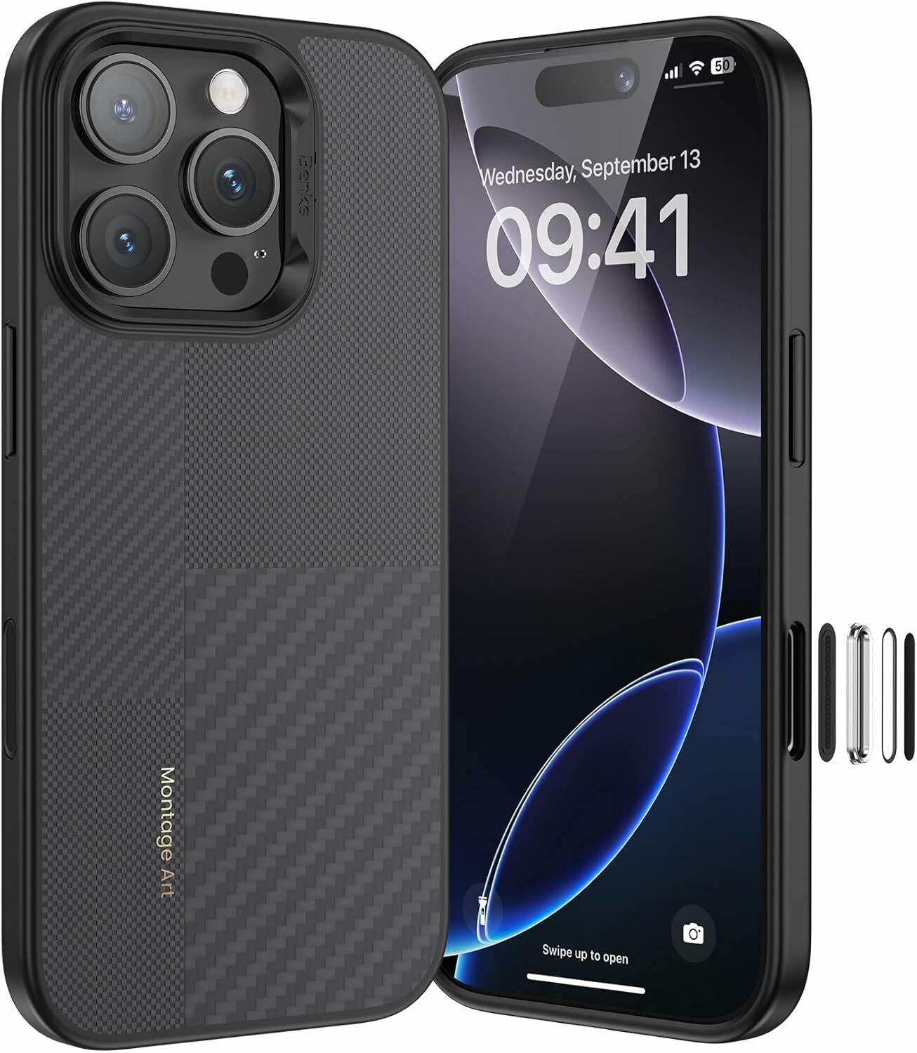 Benks Montage magnetinis Armor Pro Kevlar dėklas su metaliniu rėmeliu 600D+1500D (MF65) iPhone 16 Pro juodas (su kameros valdymo mygtuku)