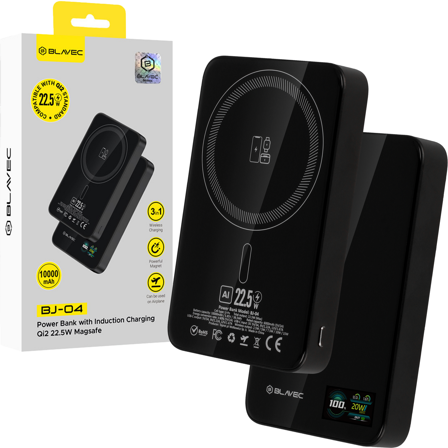 Blavec Išorinė baterija 10000mAh BJ-04 Plona 13,5mm - Type C - 22,5W magnetinė Magsafe 3 in 1 (PBBJ04-MC10B) juoda stiklas