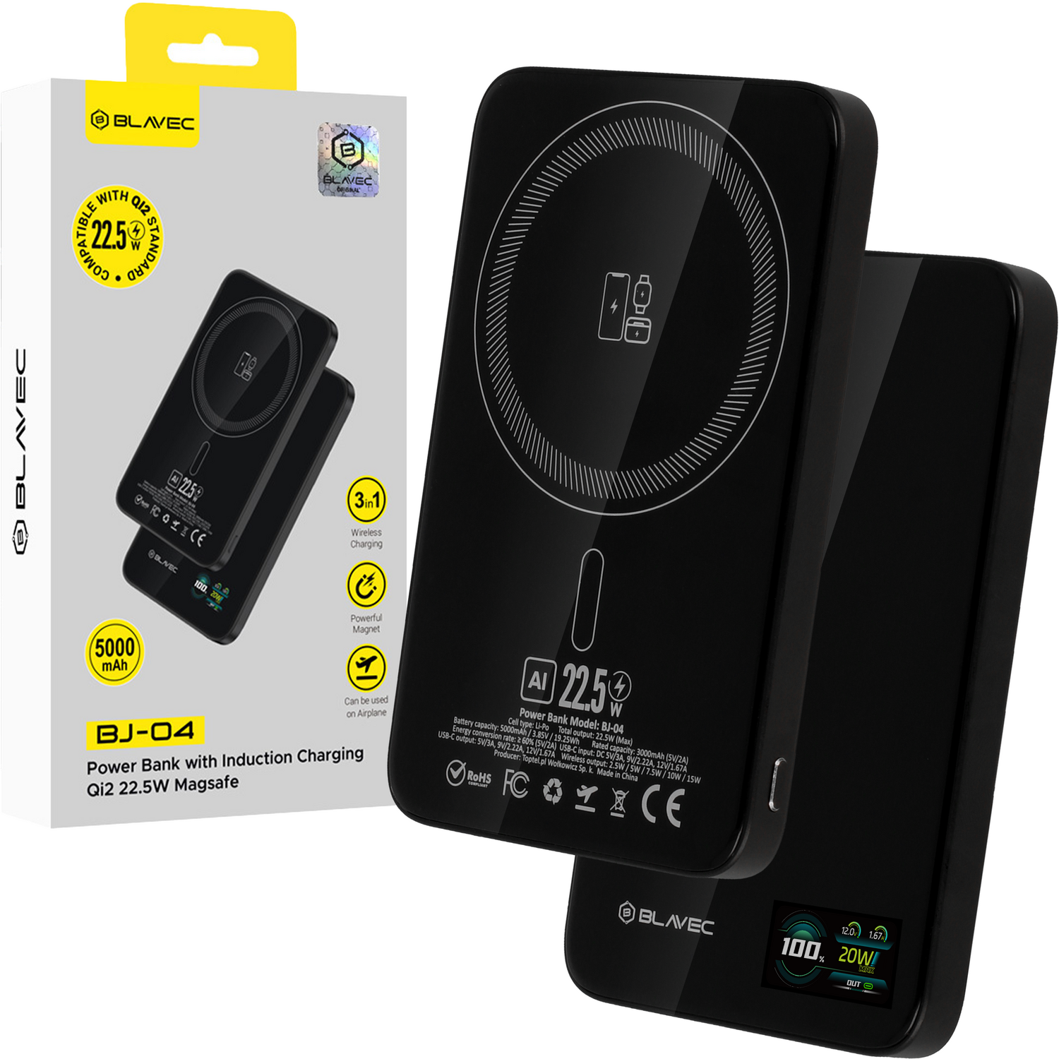 Blavec Išorinė baterija 5000mAh BJ-04 Itin Plona 7,8mm - Type C - 22,5W magnetinė Magsafe 3 in 1 (PBBJ04-MC5B) juoda stiklas