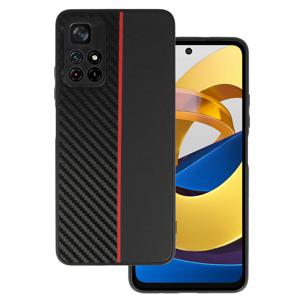 Tel Protect CARBON Dėklas telefonui Xiaomi Redmi Note 11 5G/Note 11S 5G/Poco M4 Pro 5G juodas su raudona juosta
