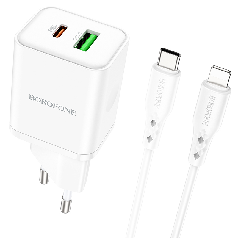Borofone Sieninis įkroviklis BN7 - USB + Type C - QC 3.0 PD 20W su Type C į Lightning kabeliu baltas